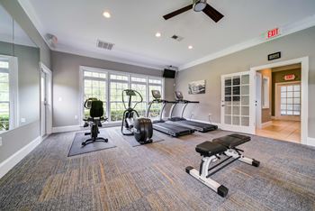 Fitness room with recumbent bike, elliptical, treadmills, and weight bench.